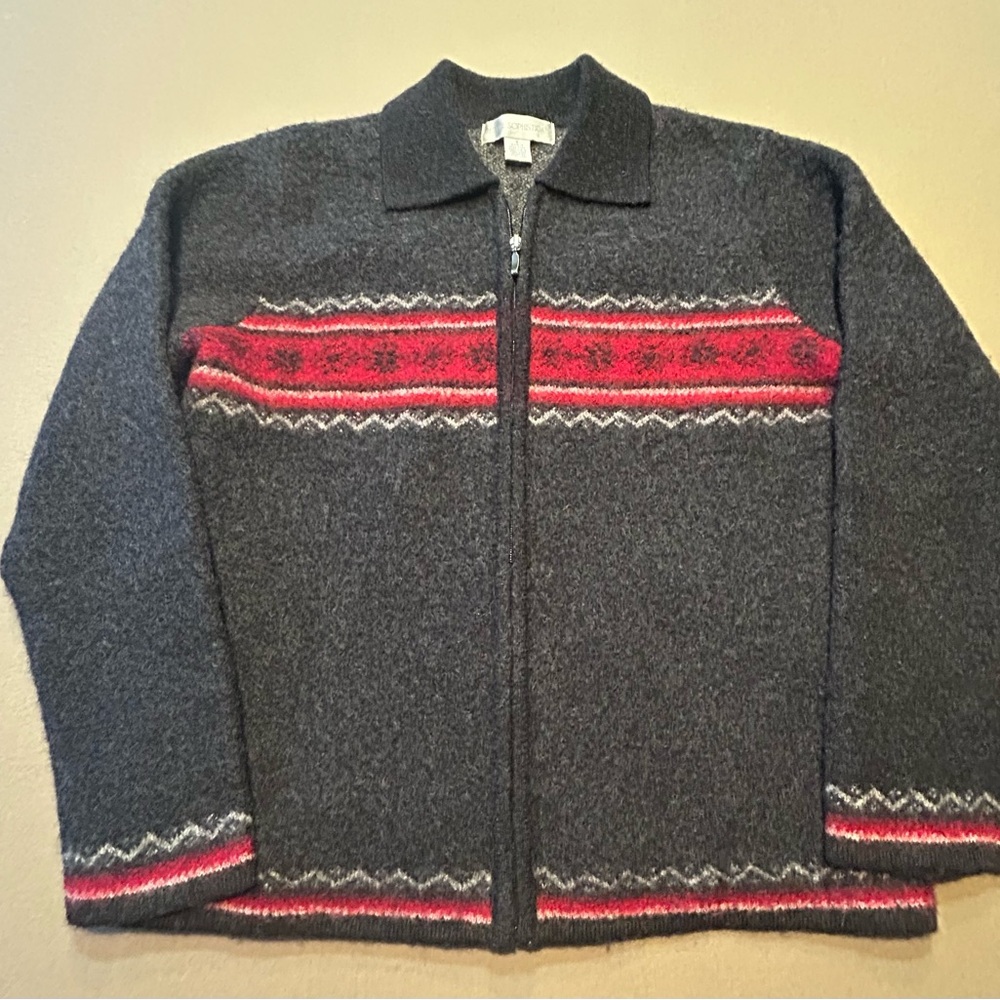 Petite Sophisticate Charcoal and Heather Sweater 100% Wool Zip Up Cardigan